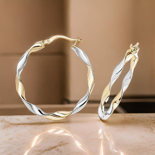 9ct Two-Tone Wavy Hoop Earrings