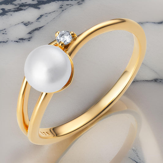 925 sterling silver gold plated CZ double Pearl ring