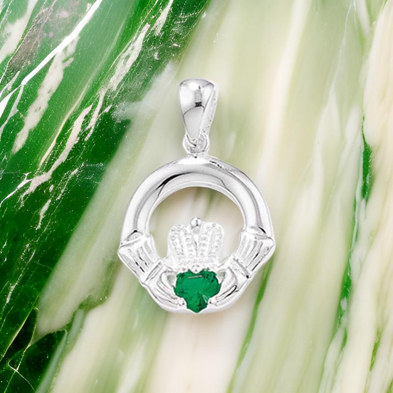 Sterling Silver Green Claddagh Pendant